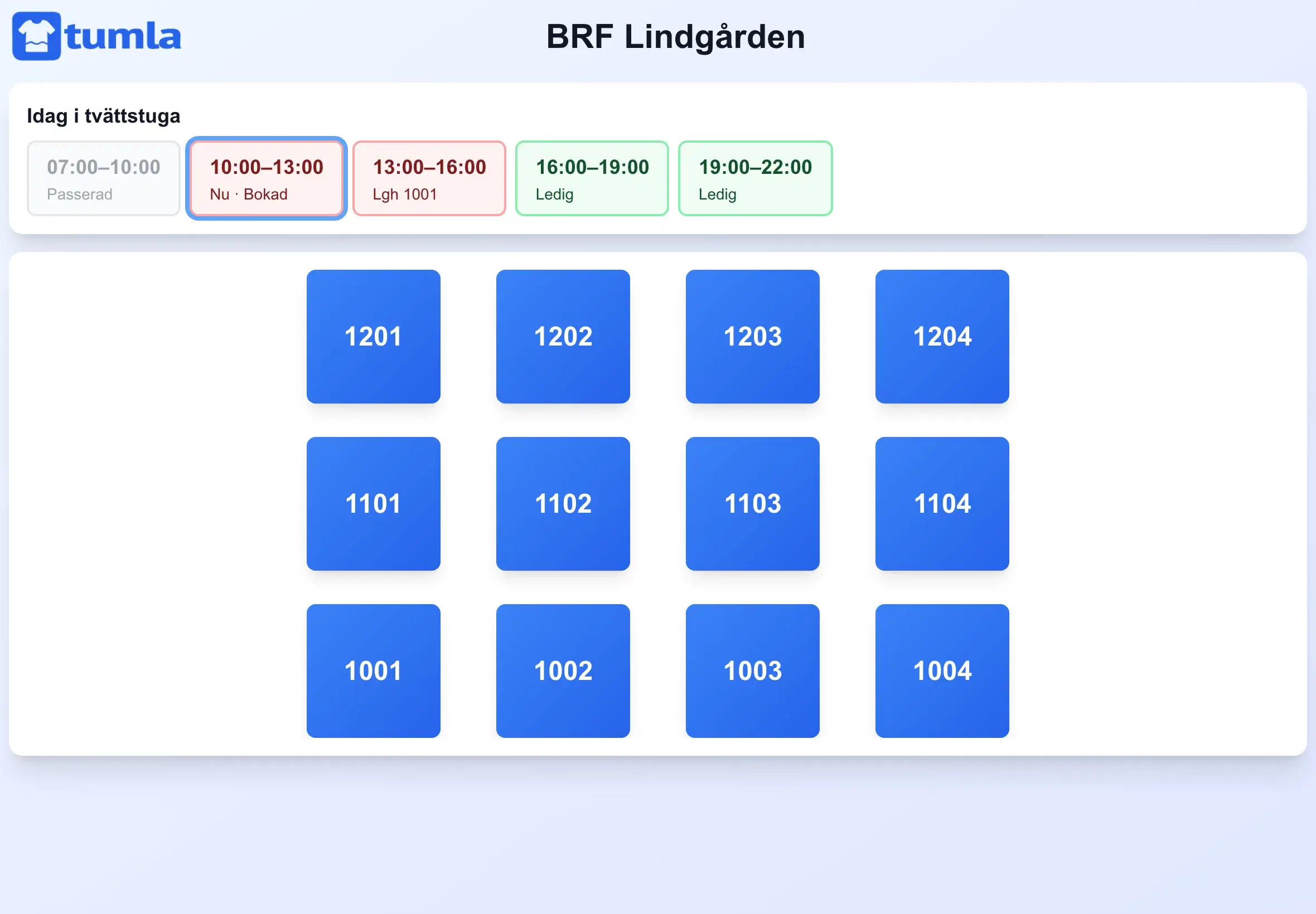 Bokningstavlan i tvättstugan med dagens pass och lägenhetsknappar